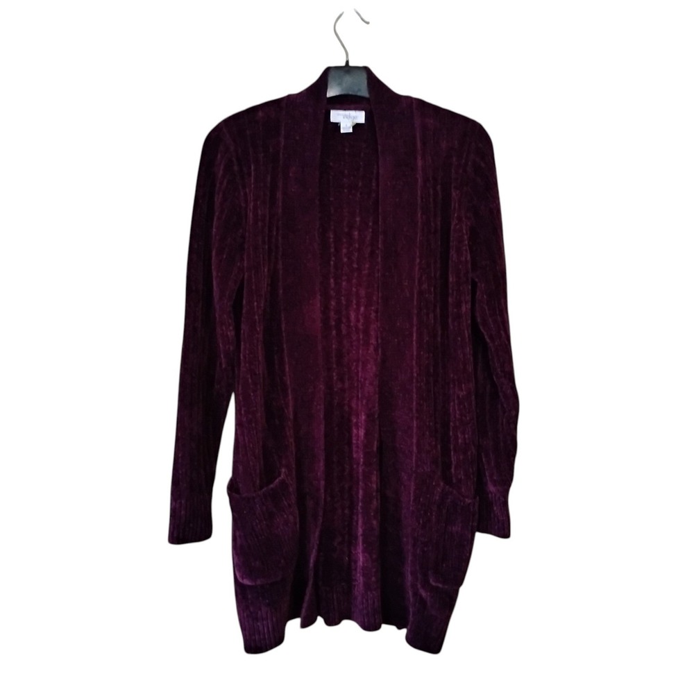Great Northwest Indigo Chenille Cardigan Sweater Purple Open Front Pockets Small